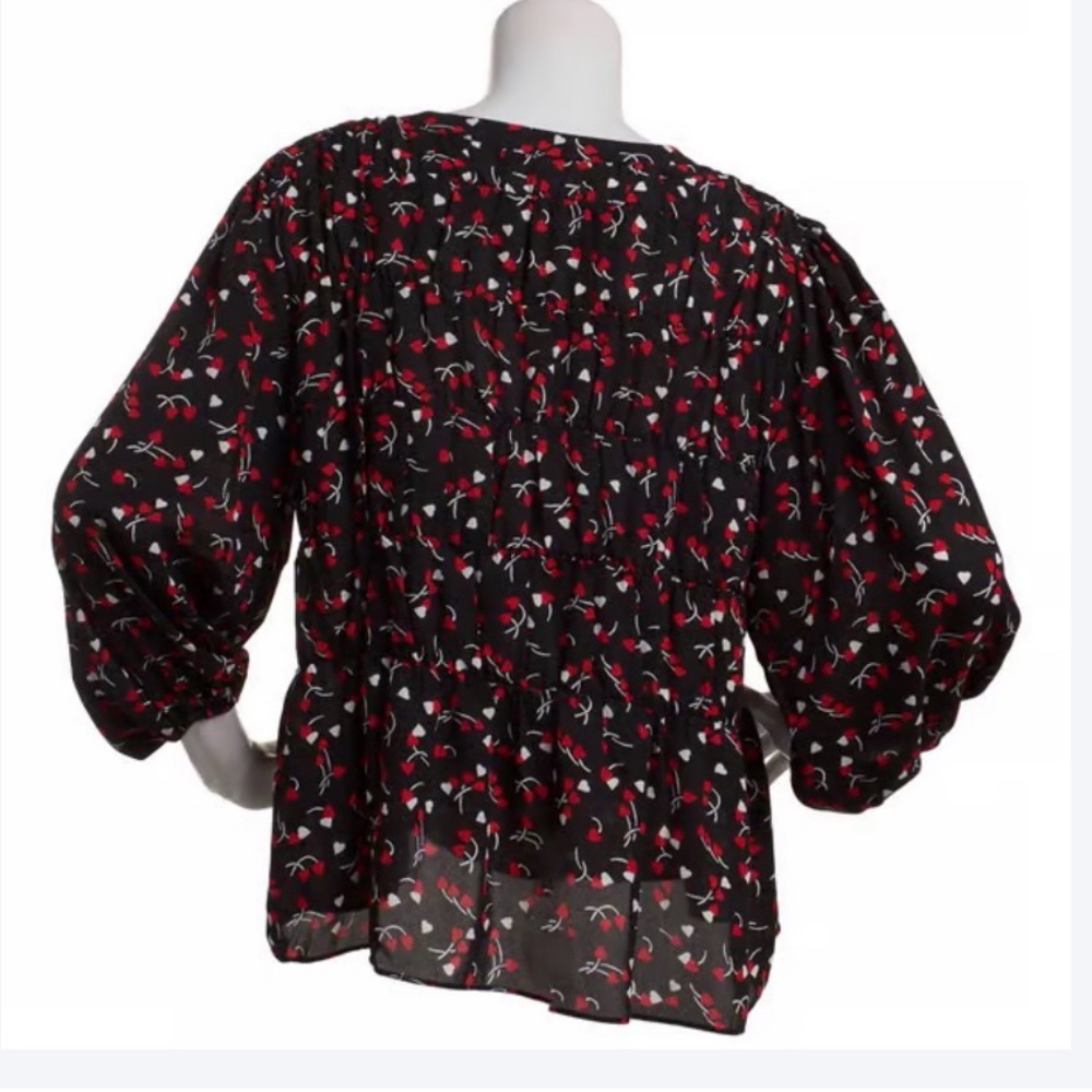 Womens Zac & Rachel 3/4 Sleeve Ruffle Seam Heart Blouse Black & Red XL - Picture 2 of 6